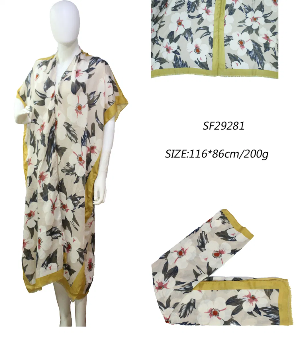 Lady′ S Shawl Poncho with Big Flower Kimono Mustard Edge Beach Fashion Summer 2022